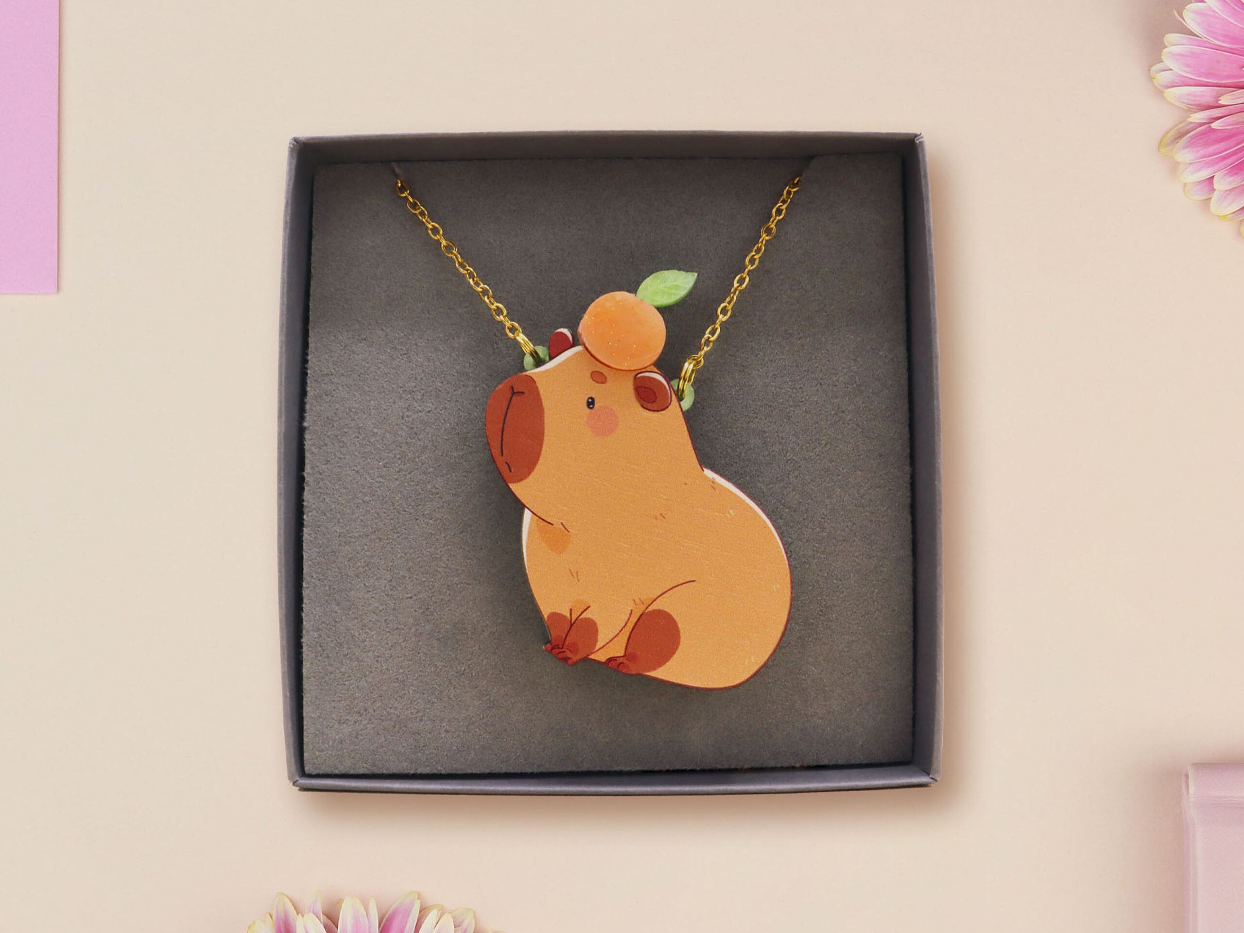 Cute Capybara Handmade Wooden Acrylic Necklace Brooch Pin Badge by Nona Gallery Thumbnail Handmade Capybara Necklace: Cute Animal Pendant - Image 1