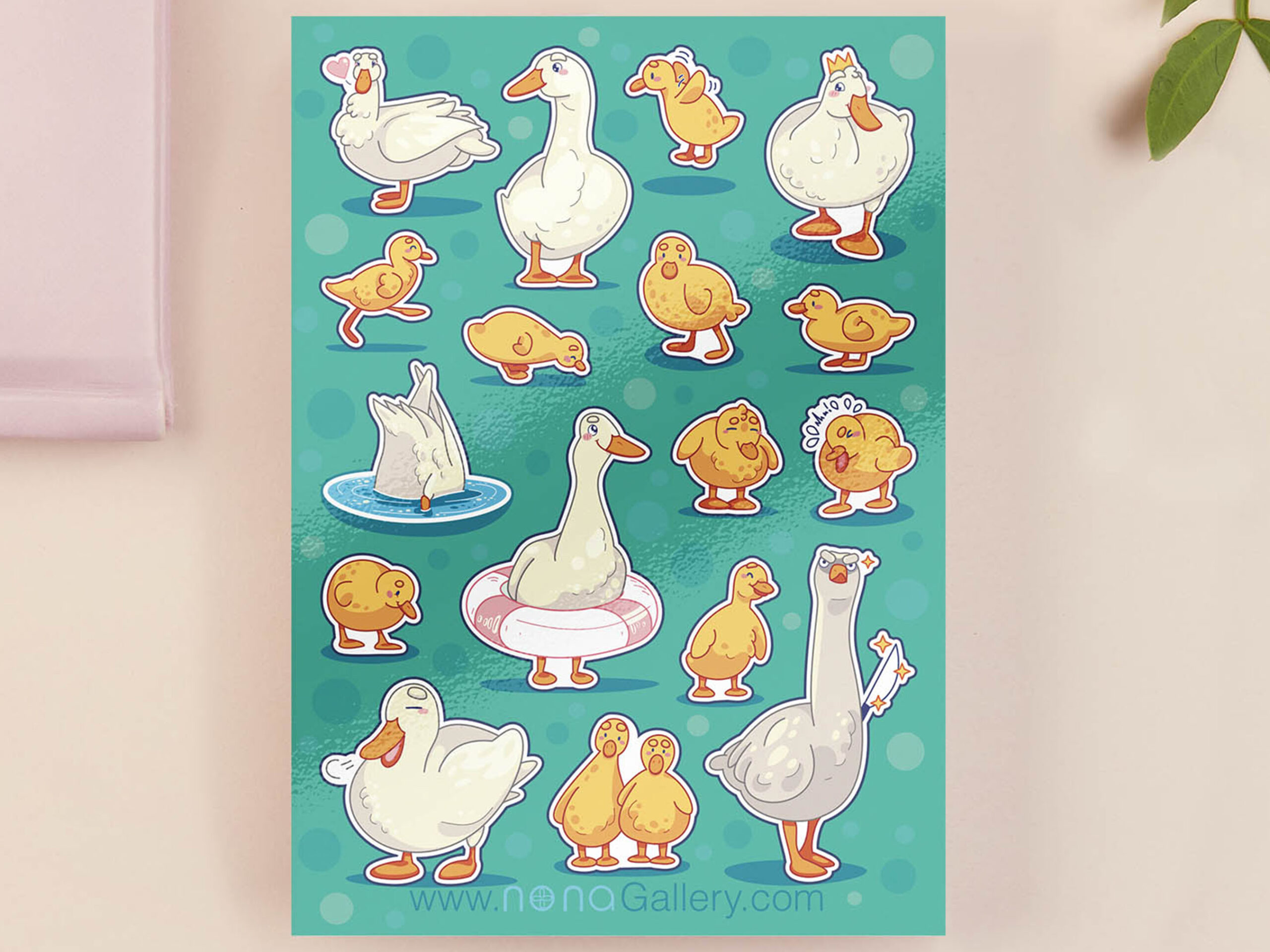 Cute Ducks and Goose Gloss Vinyl Sticker Sheet by Nona Gallery 1 Thumbnail Duck & Goose Sticker Sheet: Waterproof Gloss Bird Stationary - Image 1