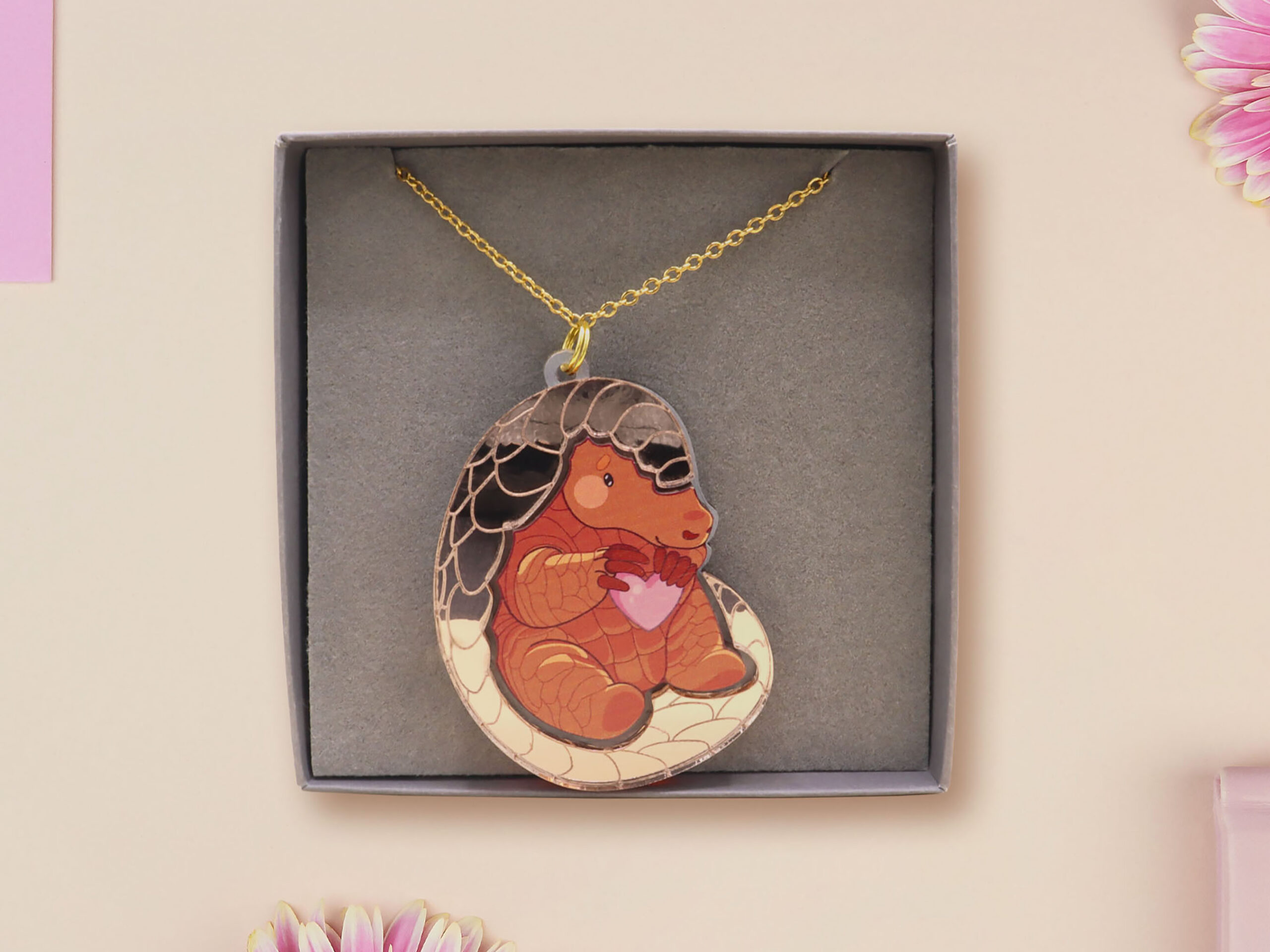 Cute Pangolin Handmade Wooden Acrylic Necklace Brooch Pin Badge by Nona Gallery Thumbnail Handmade Pangolin Necklace: Cute Acrylic Animal Pendant - Image 1