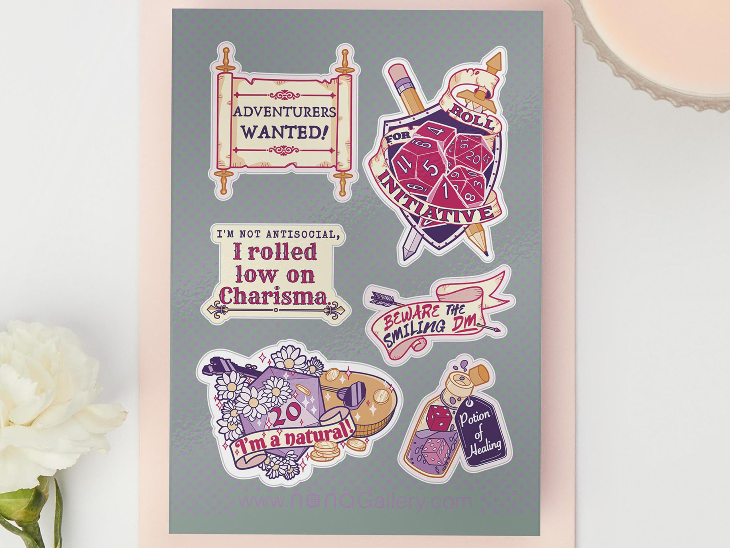 DND RPG Role Playing Gamer Boardgame Gloss Vinyl Sticker Sheet by Nona Gallery 1 Thumbnail DND Sticker Sheet Pack: TTRPG Gloss Vinyl Stickers - Image 1