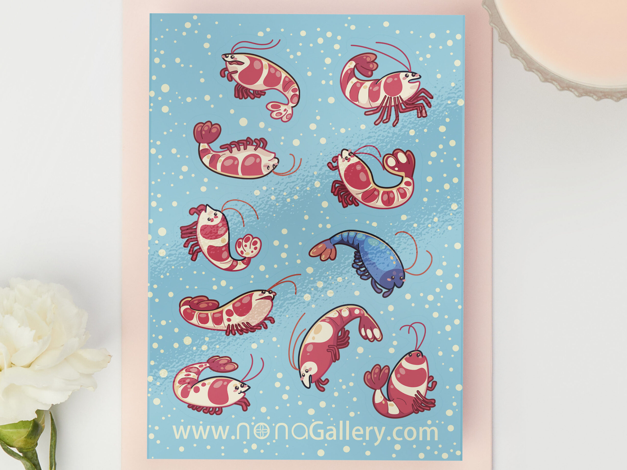 Shrimp Back Hurts Meme Gloss Vinyl Sticker Sheet by Nona Gallery Thumbnail Shrimp Sticker Sheet Pack | Cute Animal Journal Decals - Image 1