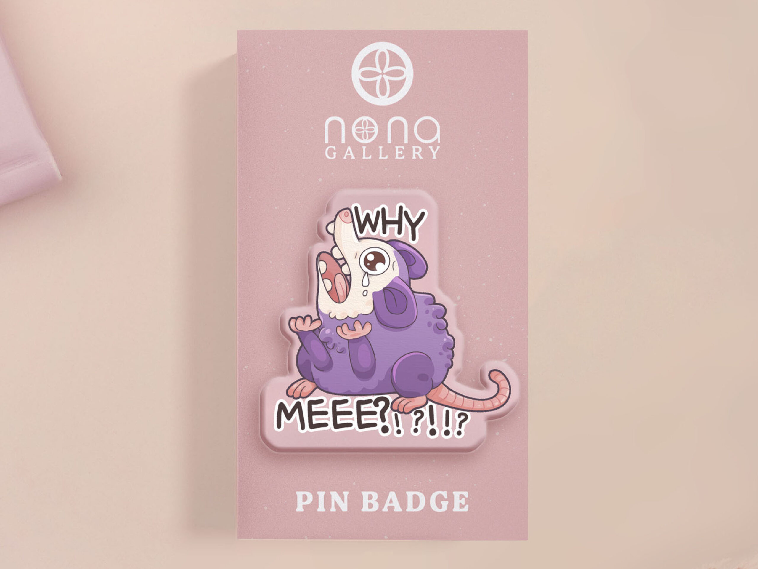 Why Me Crying Screaming Possum Chibi Funny Quote Cute Acrylic Pin Badge Accessory Gift by Nona Gallery Thumbnail Screaming Possum Why Me Acrylic Pin: Funny Kawaii Animal Badge - Image 1