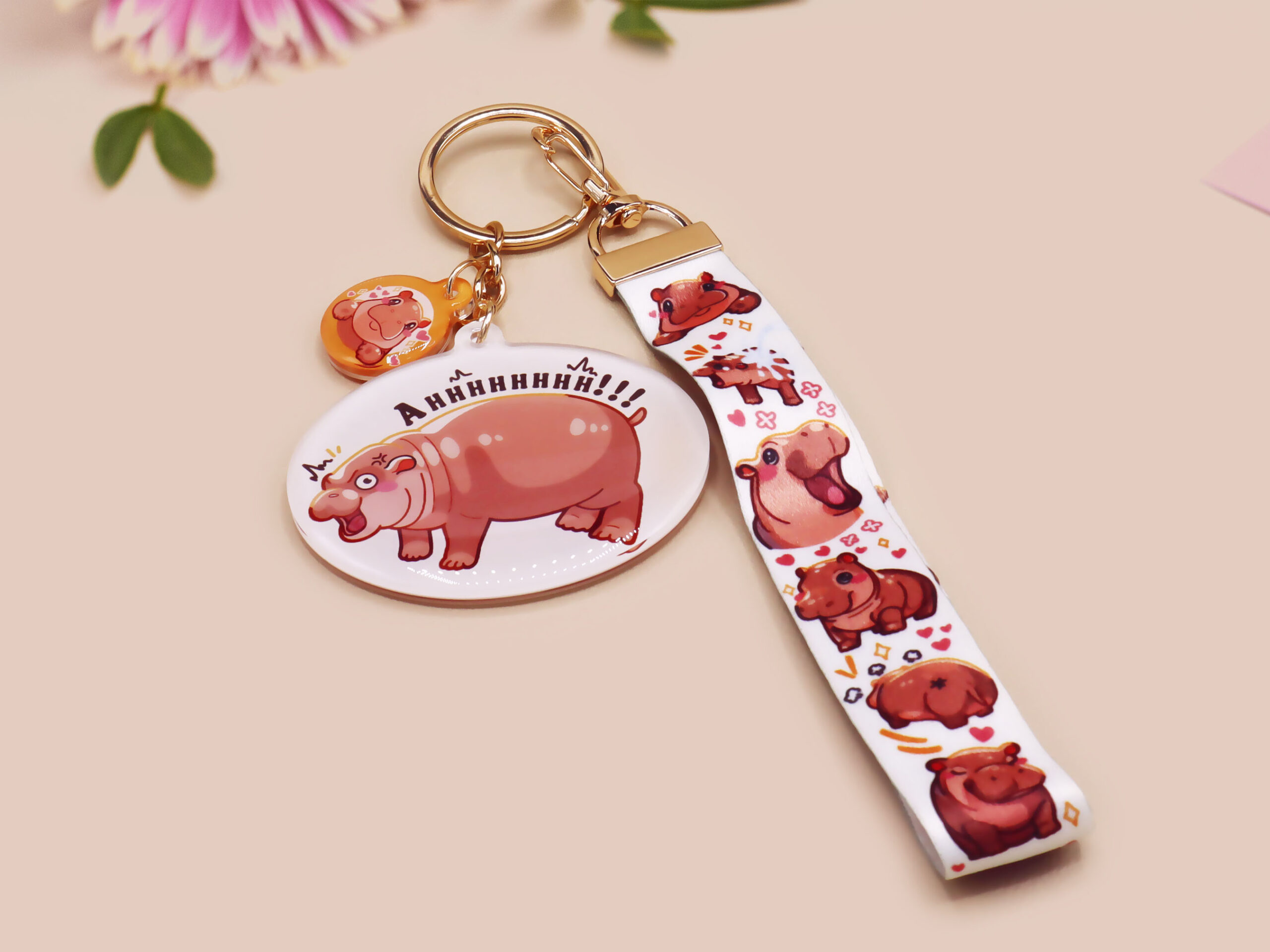 Moo Deng Viral Pygmy Hippo Baby Cute Lanyard Keychain by Nona Gallery 1 Baby Pygmy Hippo Lanyard Keychain: Cute Animal Meme Keyring - Image 1