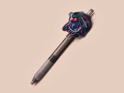Black ballpoint pen with black ink and a cute chibi mothman cryptid fanclub design.