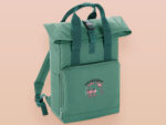 Green roll top twin handle backpack with an embroided design of cute crying pig and the quote please do not percive me
