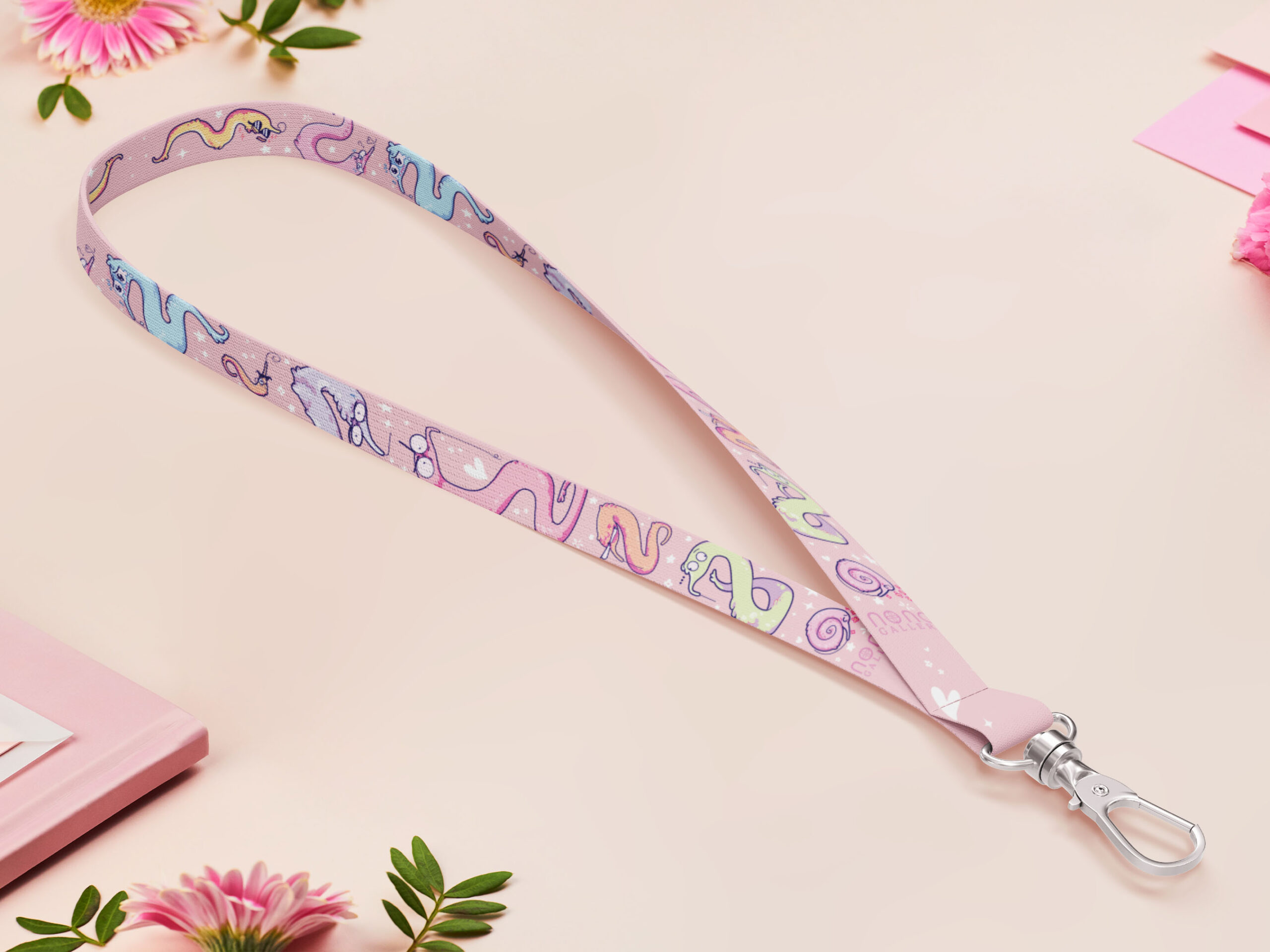 Worms On a String Cute Pink Lanyard by Nona Gallery 1 Worms On A String Lanyard: 90s Nostalgia Cute Fabric Strap - Image 1