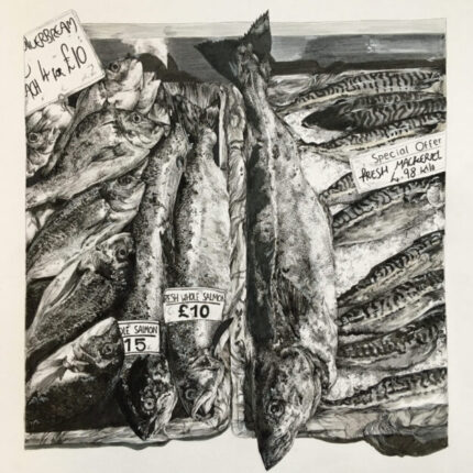 Fishmonger Scene Ink Drawing Square Print