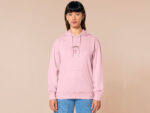 Pink embroidered hoodie with a cute chibi panicking pig surrounded by the quote please don't perceive me