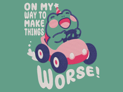 Green roll top twin handle backpack with an embroidered design of a cute frog in a pink car and the quote On My Way To Make Things Worse