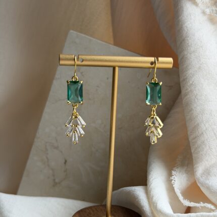 Emerald Cut Green Crystal Fan Drop Earrings